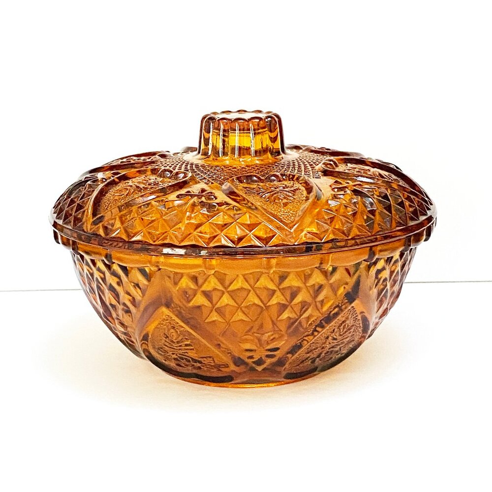 Vintage 1970s Firna Indonesia Hearts & Roses Amber Candy Dish